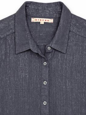 XiRENA Charcoal Gray Metallic Shimmer Button Front Linen Blend Versatile Blouse